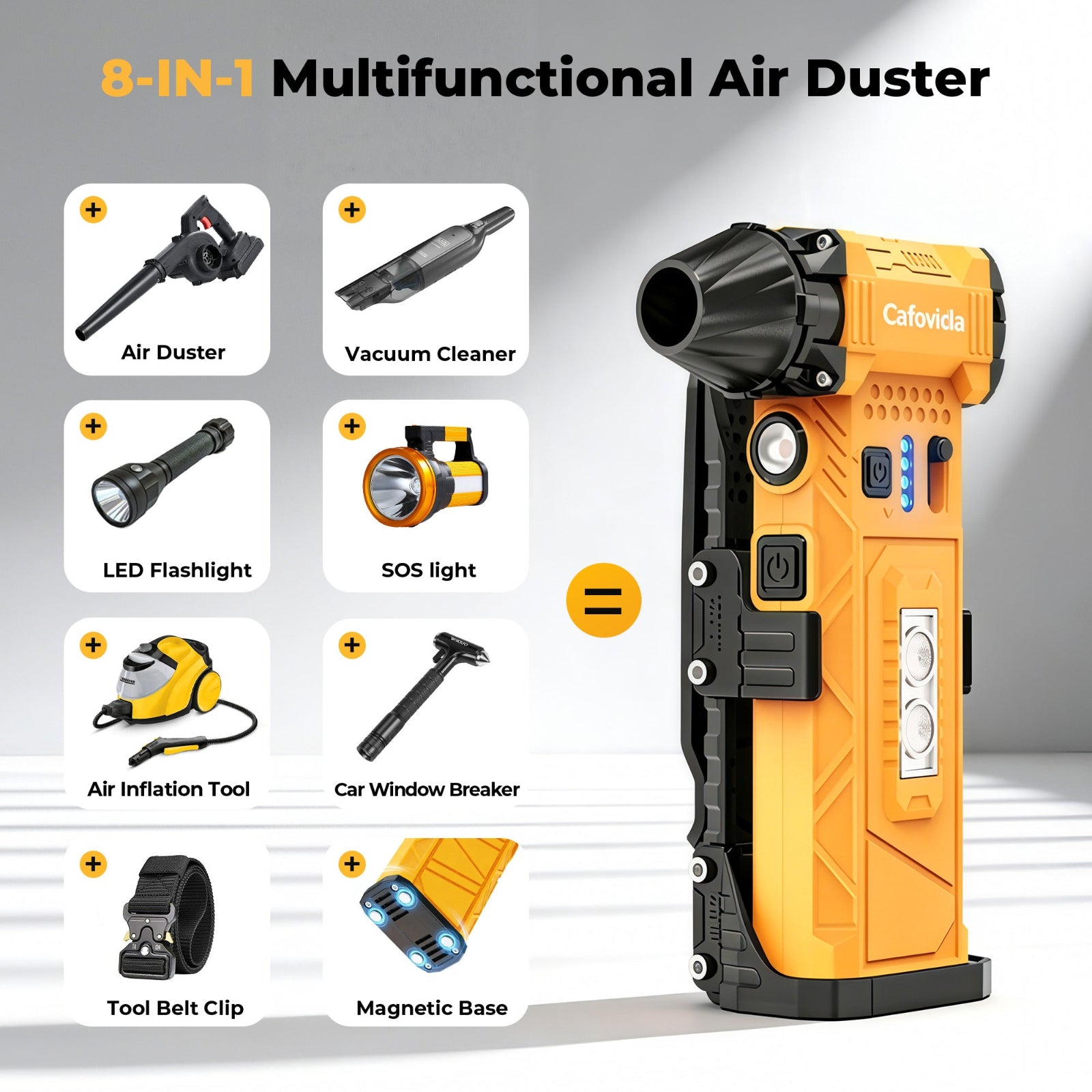 Cafovidia C8 Electric Air Duster & Vacuum 2-in-1, 180000RPM Brushless Motor, Rechargeable Compressed Air Duster with 8000mAh Battery, Stepless Speed Control, 7-Mode Light Mini Blower for PC, Car, Home, Outdoor